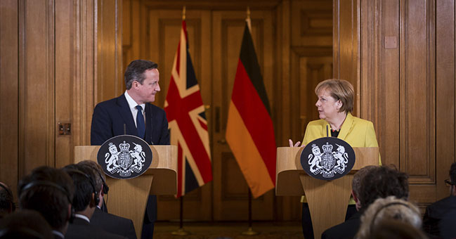 Chancellor Angela Merkel and British Prime Minister David Cameron deliver a joint statement to the press.