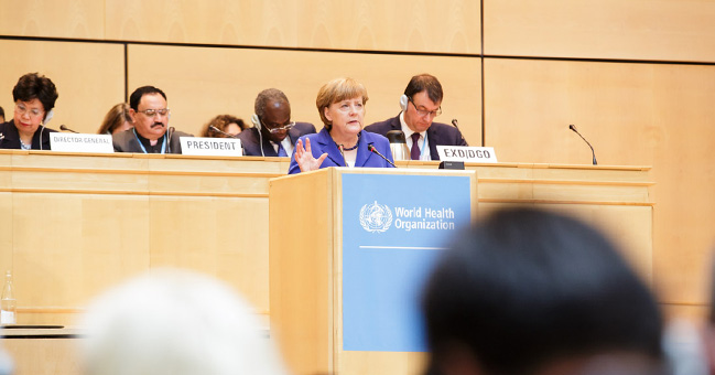 Chancellor Angela Merkel speaks at the opening of the World Health Assembly in Geneva